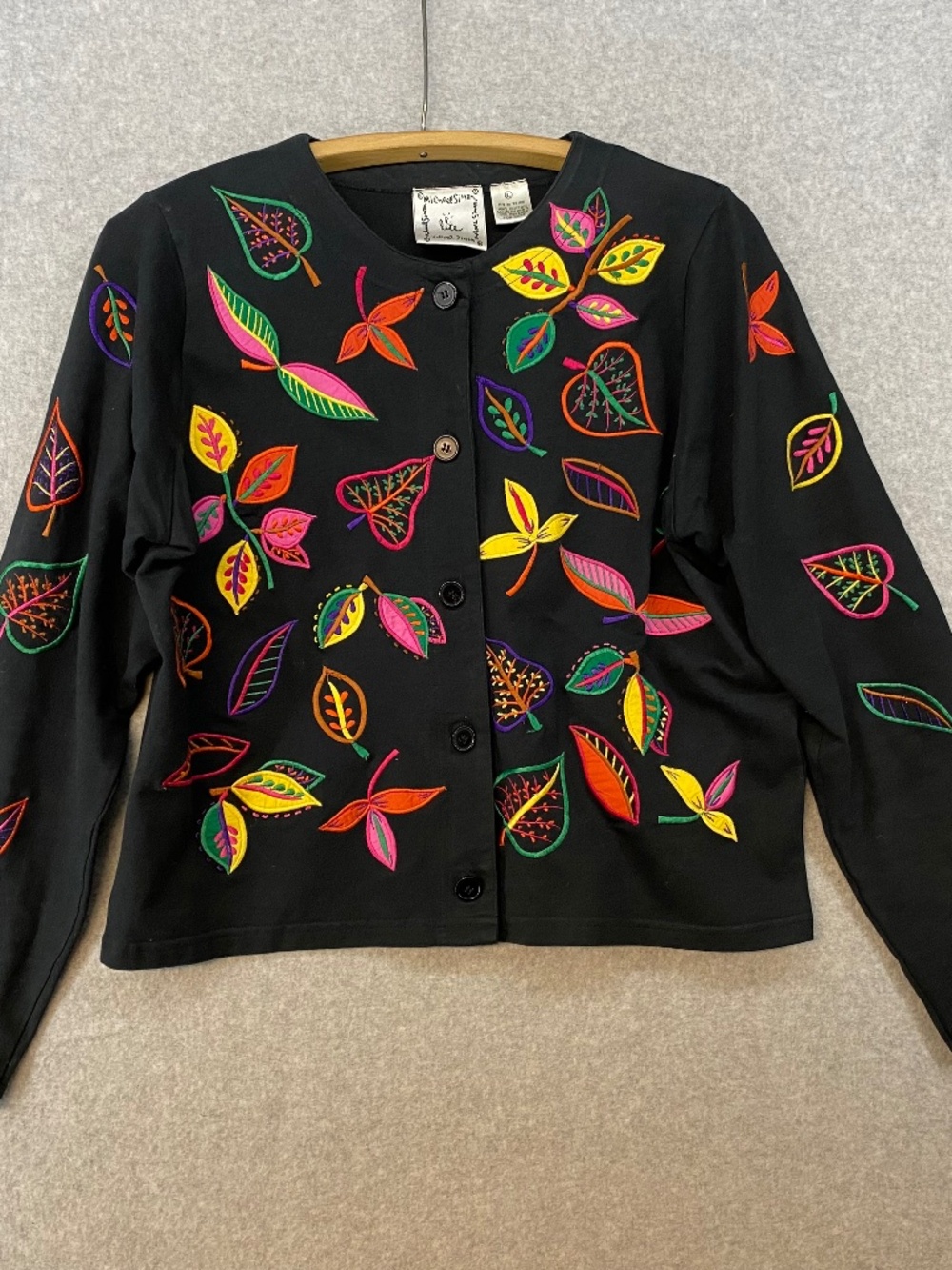 Michael Simon Light Size L • Embroidered Cotton Cardigan • Leaves • Button Close
